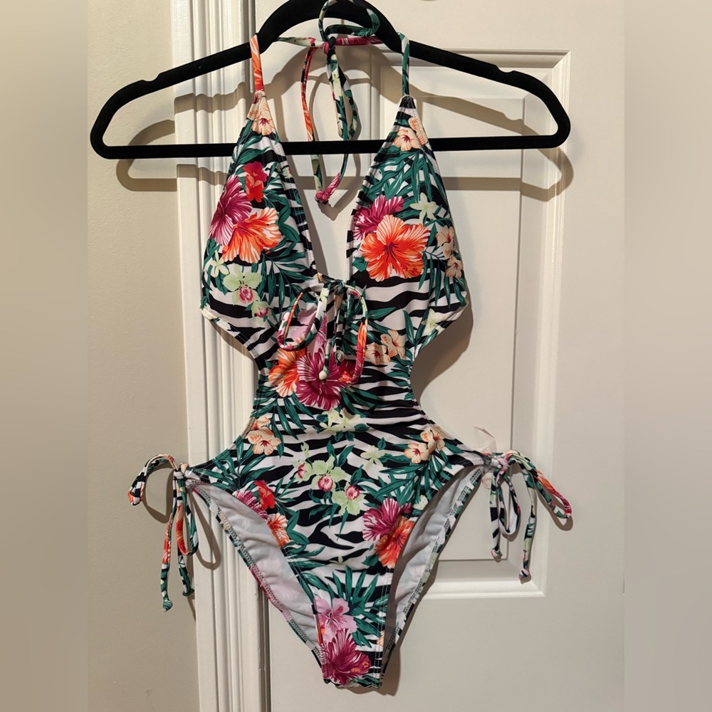 SHEIN Floral Zebra Print One Piece Swimsuit - Multicolor